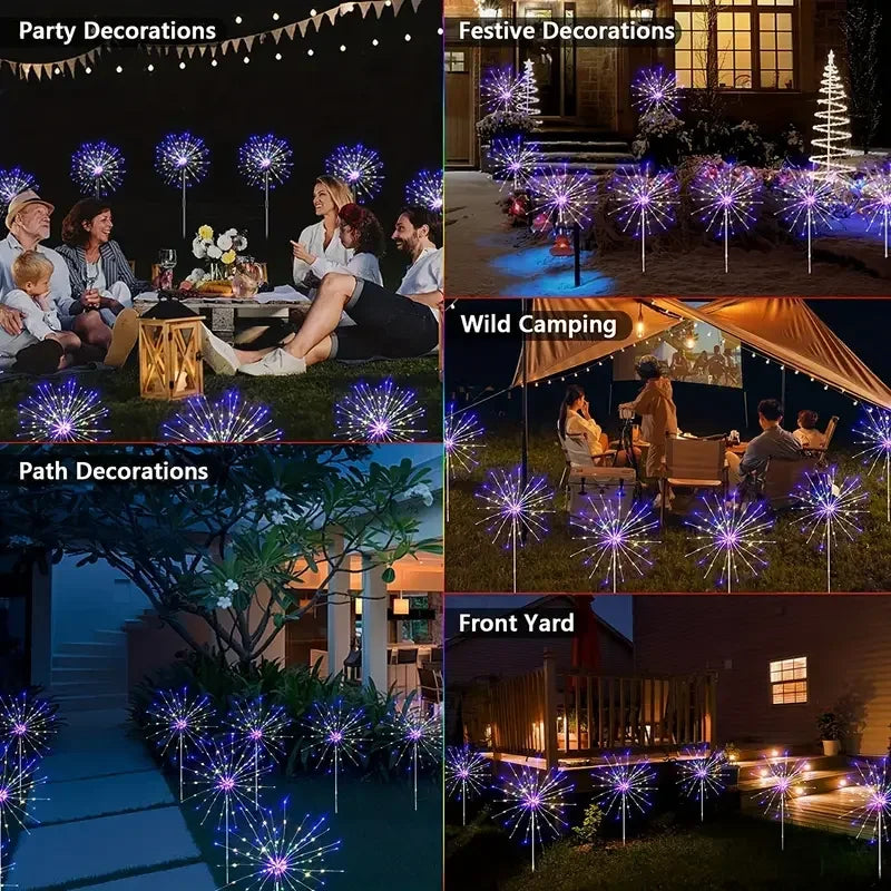 Various outdoor lighting decorations including party, festive, path, and front yard fireworks lights.