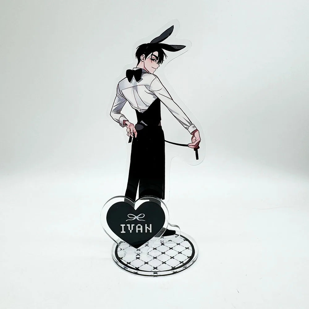 Acrylic keychain set featuring an anime character pendant of a male figure with black hair and a feather accessory.
