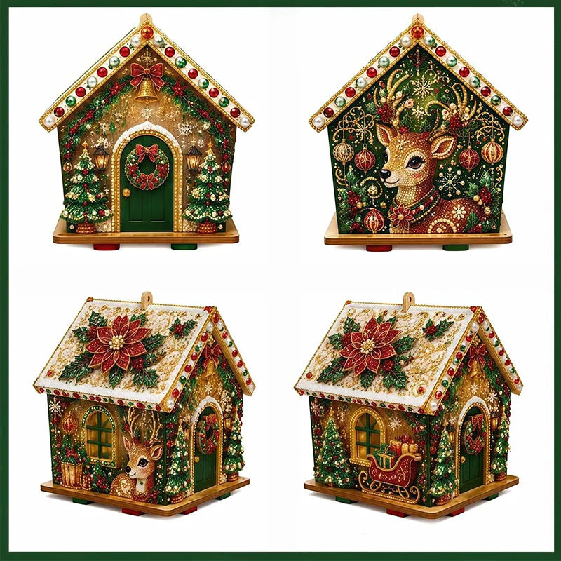 Three decorative Christmas cabin craft kits featuring detailed scenes of deer and festive holiday decor.