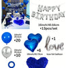 Birthday party decor kit featuring silver foil letters, blue balloons, and silk rose petals