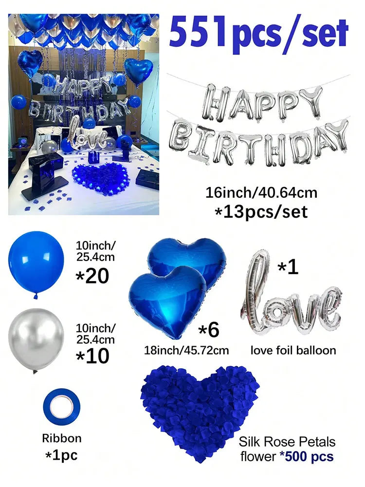 Birthday party decor kit featuring silver foil letters, blue balloons, and silk rose petals