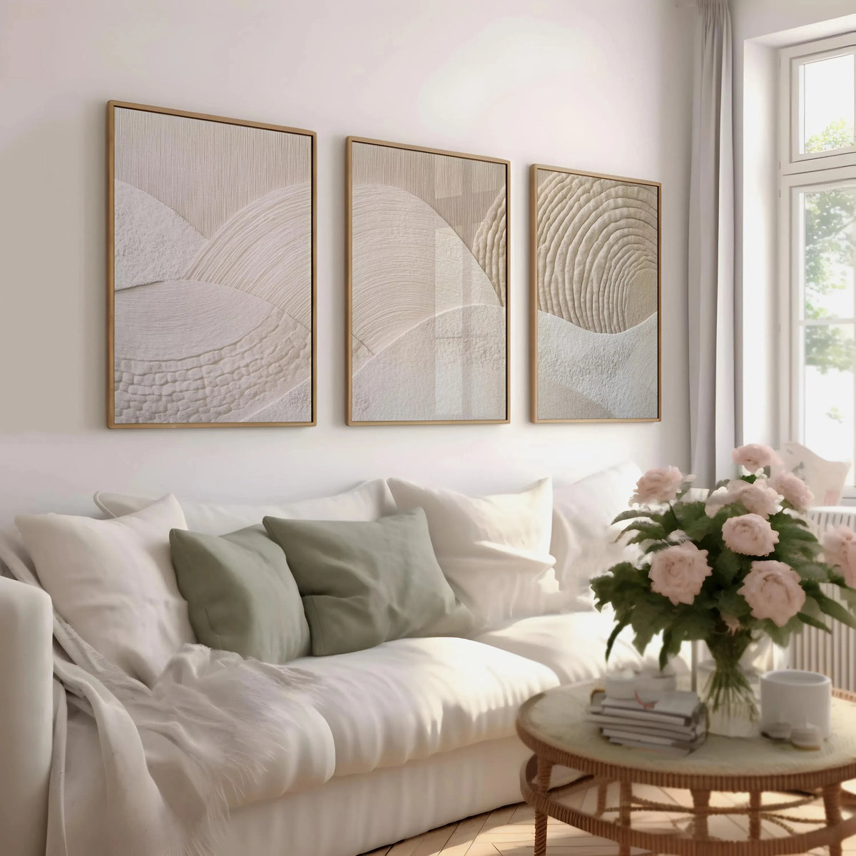A set of three framed abstract canvas prints featuring beige and white textured mountain landscapes on a white wall.