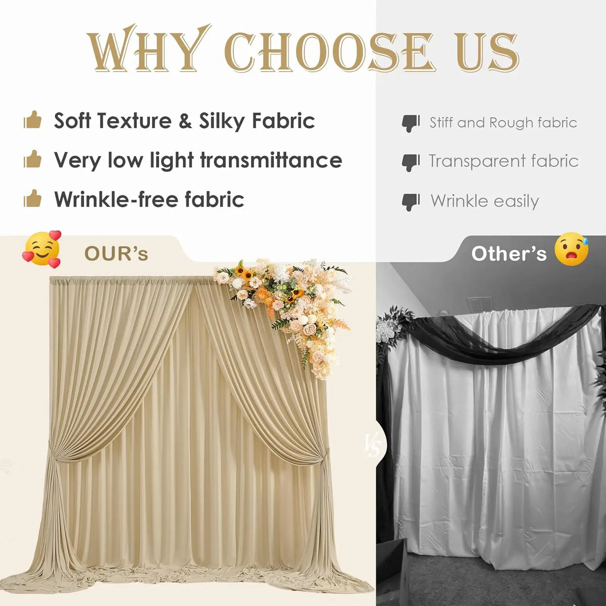 A beige wrinkle-free backdrop curtain draped elegantly for events and weddings.