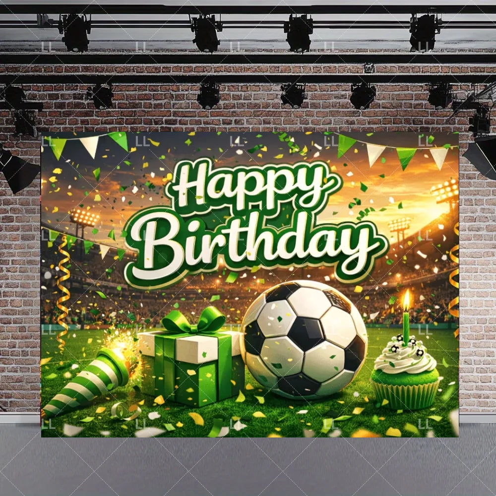 A vibrant soccer field backdrop for a birthday celebration featuring a green football, wrapped gifts, and confetti against a 