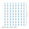 A set of ten white and blue striped paper straws for a party decoration kit.