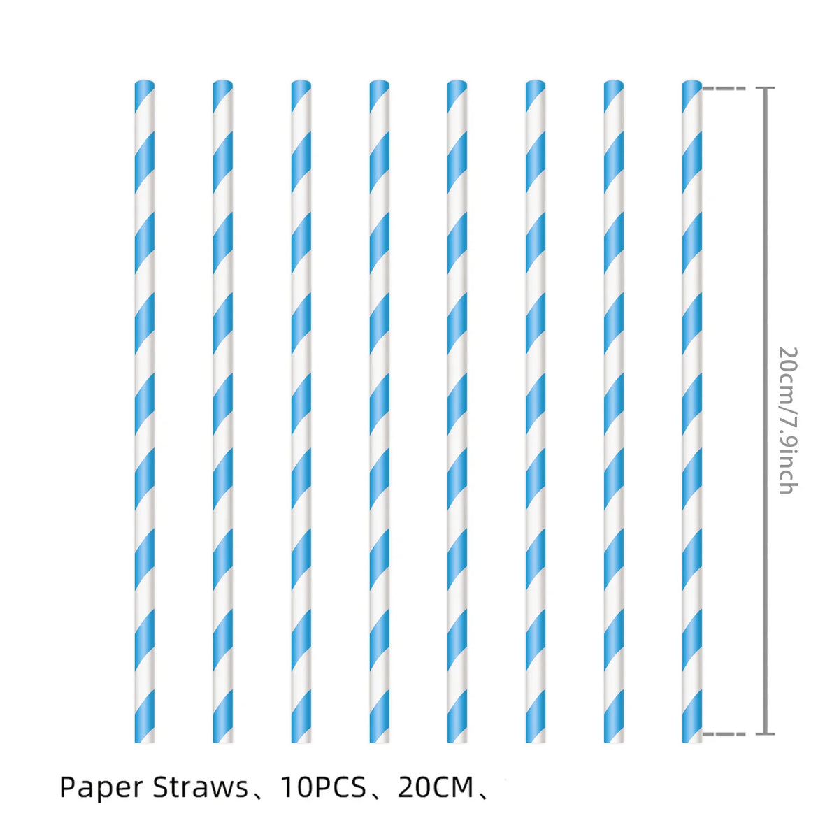 A set of ten white and blue striped paper straws for a party decoration kit.