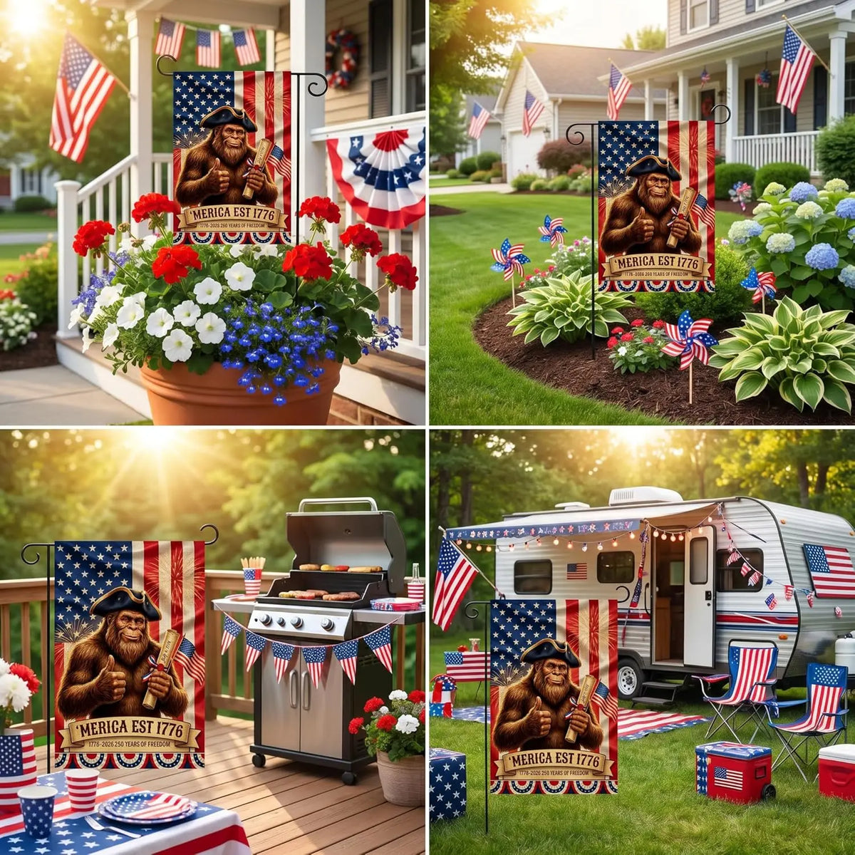 A wooden grill is set up in a garden with patriotic flags and a man wearing a beard.