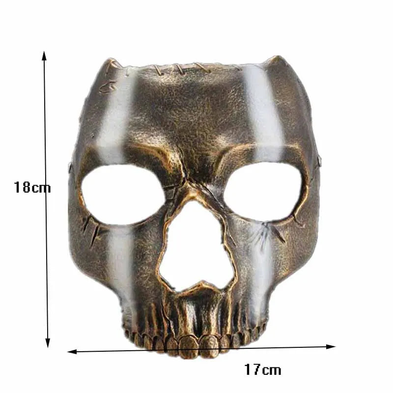 A full face resin mask of a Halloween skeleton ghost with striped metallic finish.