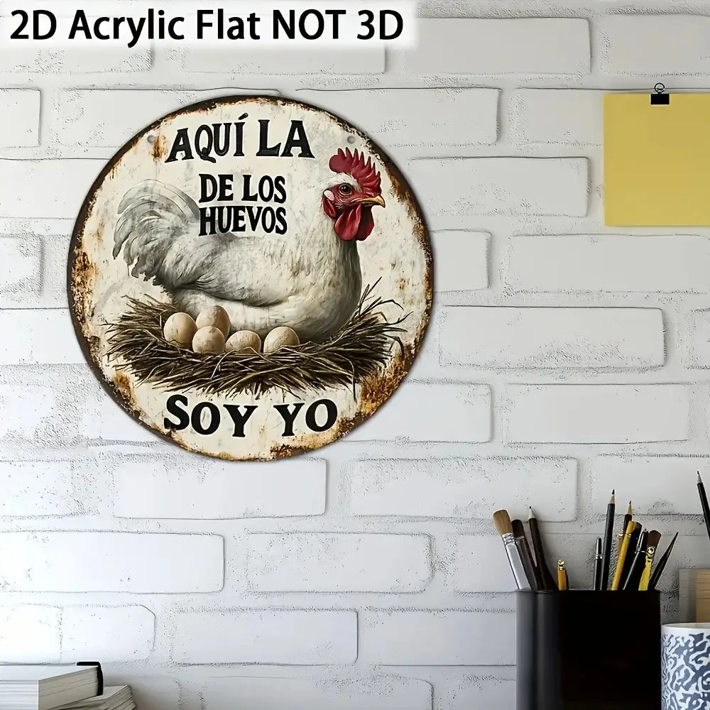 A rustic wooden wall sign featuring a white chicken with a red comb and text in Spanish