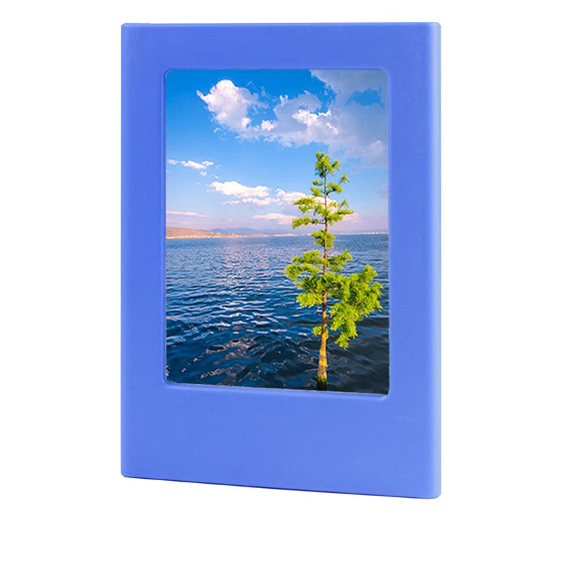A purple magnetic double-sided frame displaying a scenic landscape of water and trees.