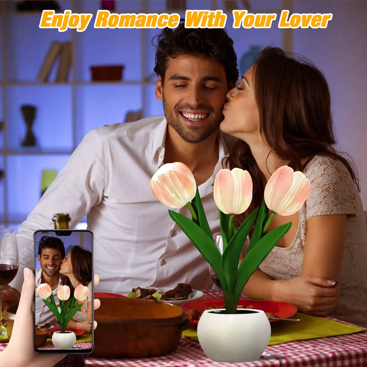 A couple is shown embracing while a potted LED tulip night light sits on a table.