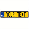 Yellow rectangular sign with the Netherlands flag symbol and the text YOUR TEXT.