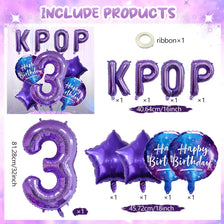 Purple foil number balloon set including a 3 and the letters KPOP