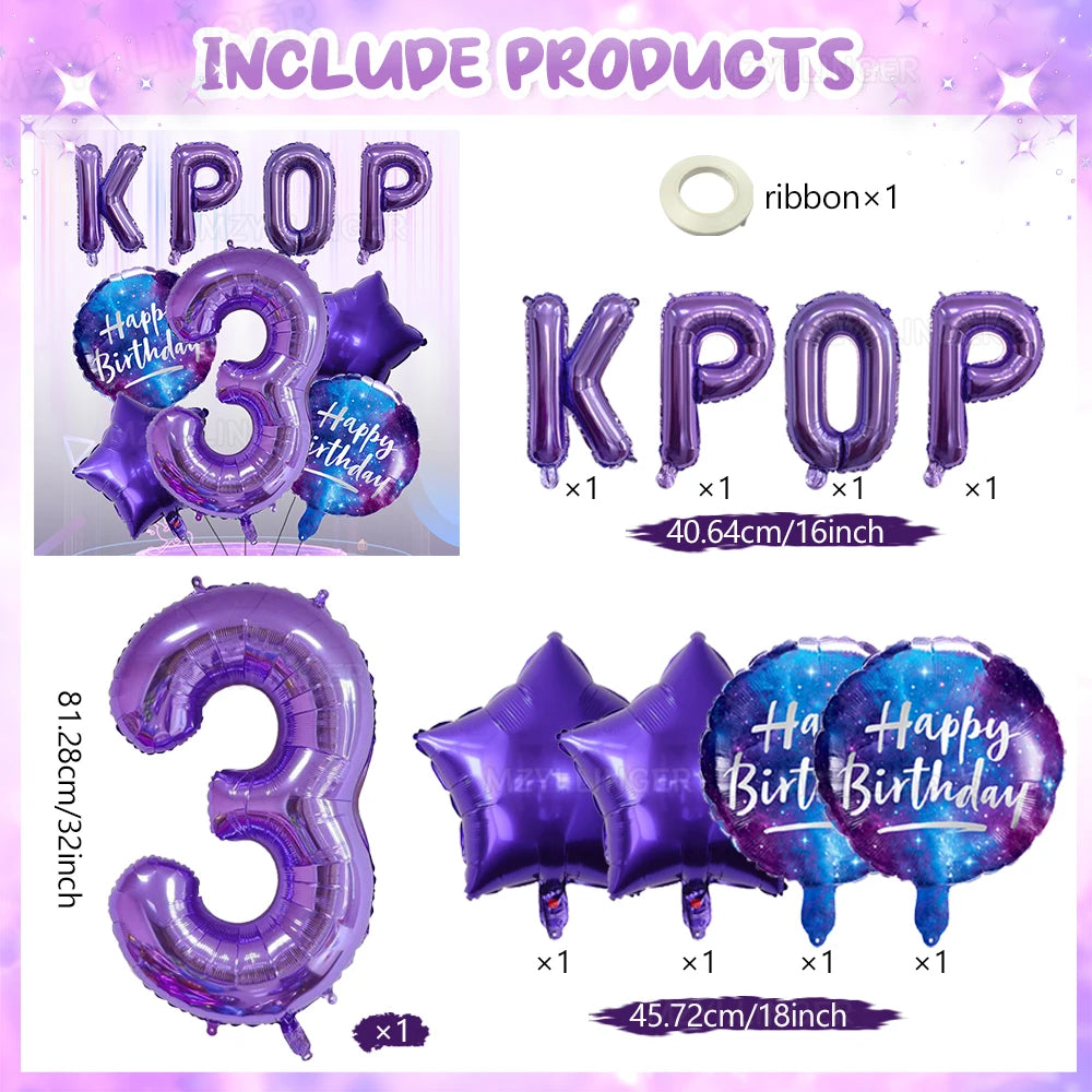 Purple foil number balloon set including a 3 and the letters KPOP