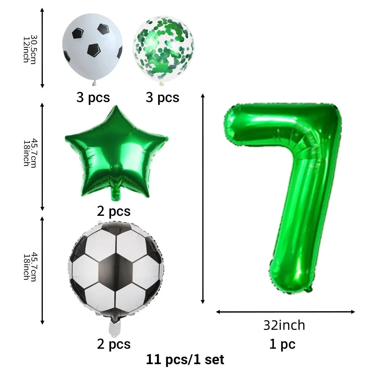 A set of football-themed party balloons including a silver soccer ball, green balloons, and a green number seven balloon.
