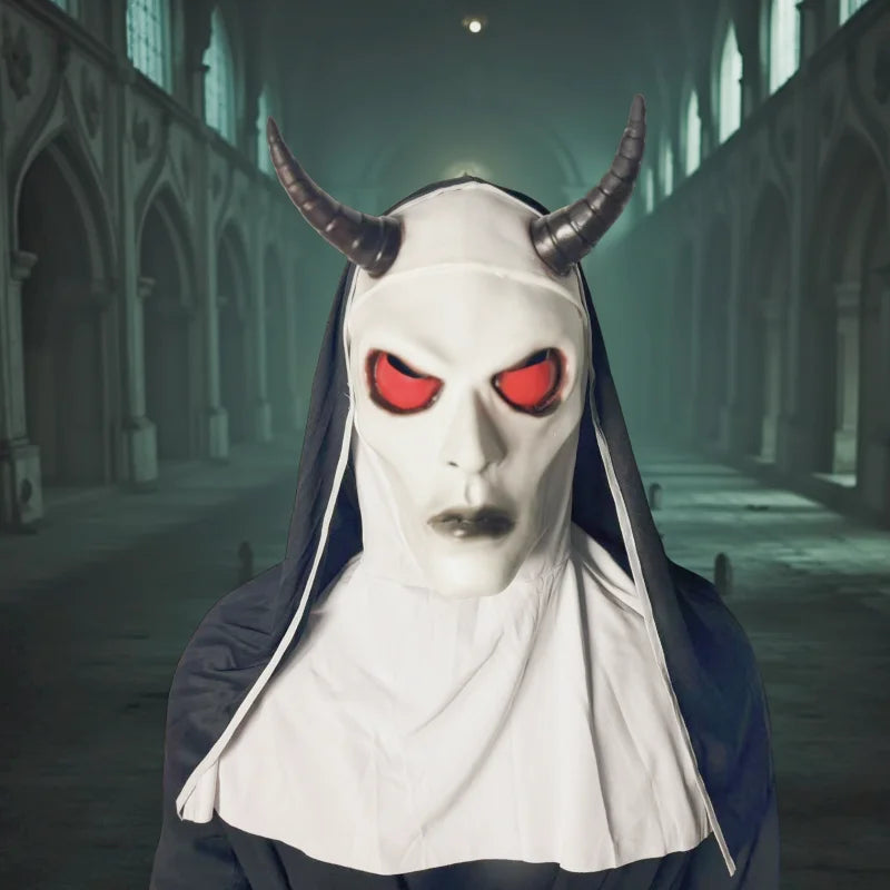 A white full-face latex mask with red eyes and dark clothing, set in a gothic architectural interior.