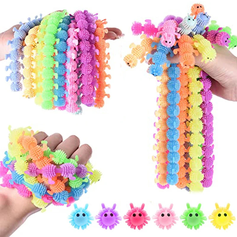 A set of colorful, textured stretch sensory fidget toys in various bright colors and shapes.
