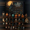 A collection of 31 Halloween fright figurines arranged in a countdown box display.