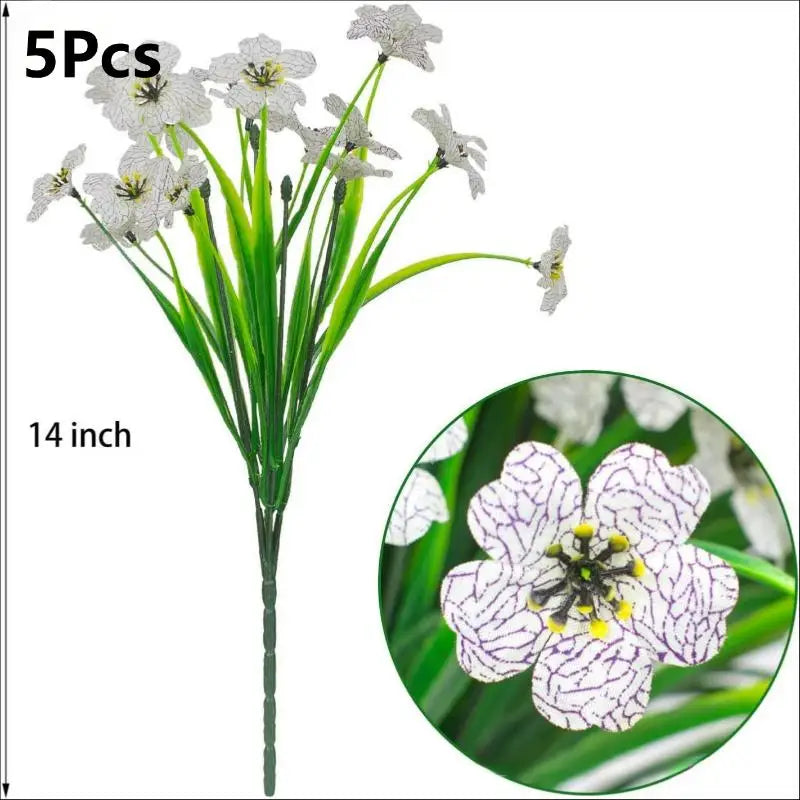 Five artificial white violet flowers on green stems, presented in a bouquet format.