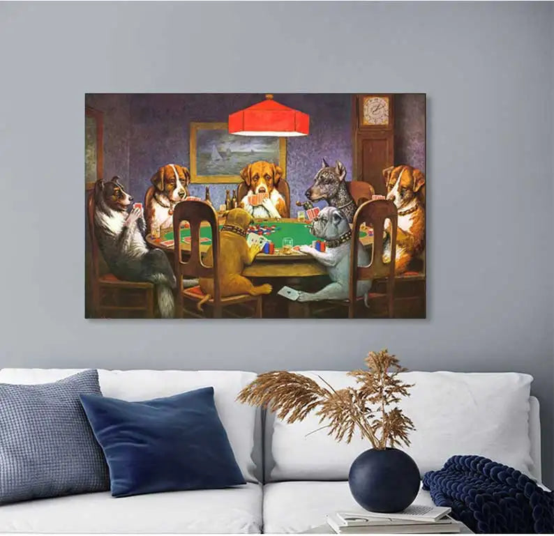 A canvas print depicting several dogs playing poker around a table in a dimly lit room.