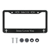 Black aluminum license plate frame with John 3:16 and Jesus Loves You engravings and mounting hardware