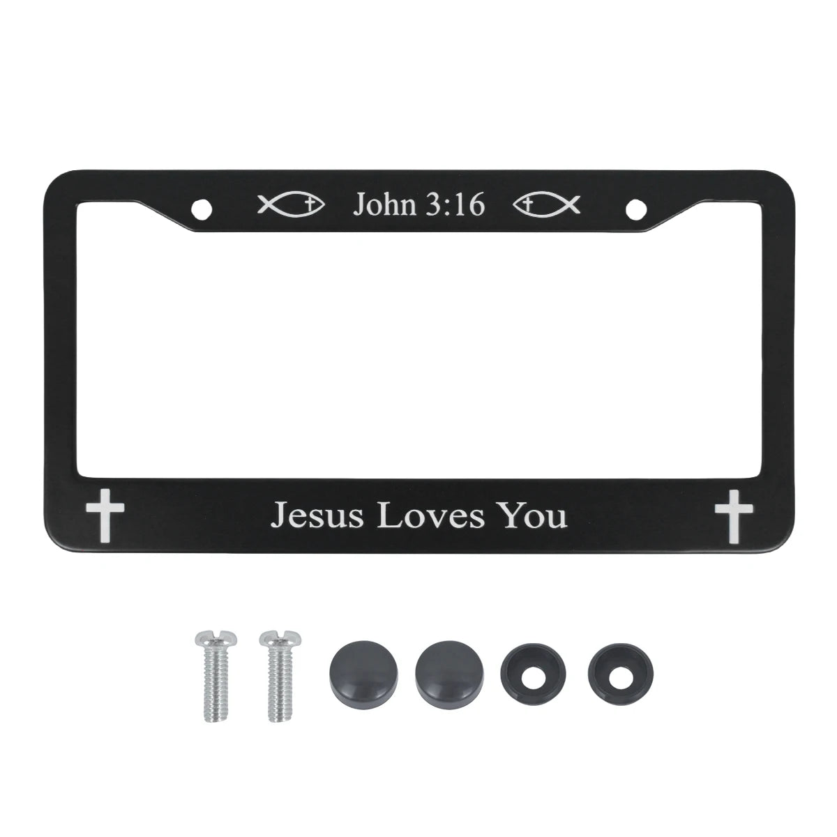 Black aluminum license plate frame with John 3:16 and Jesus Loves You engravings and mounting hardware