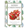 A festive red mug filled with Christmas ornaments and a snowman, set against a green background.