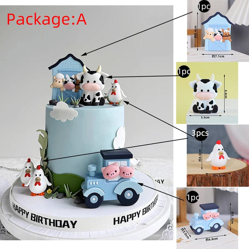 A tiered birthday cake decorated with farm animal toppers including a cow, sheep, duck, and pig.