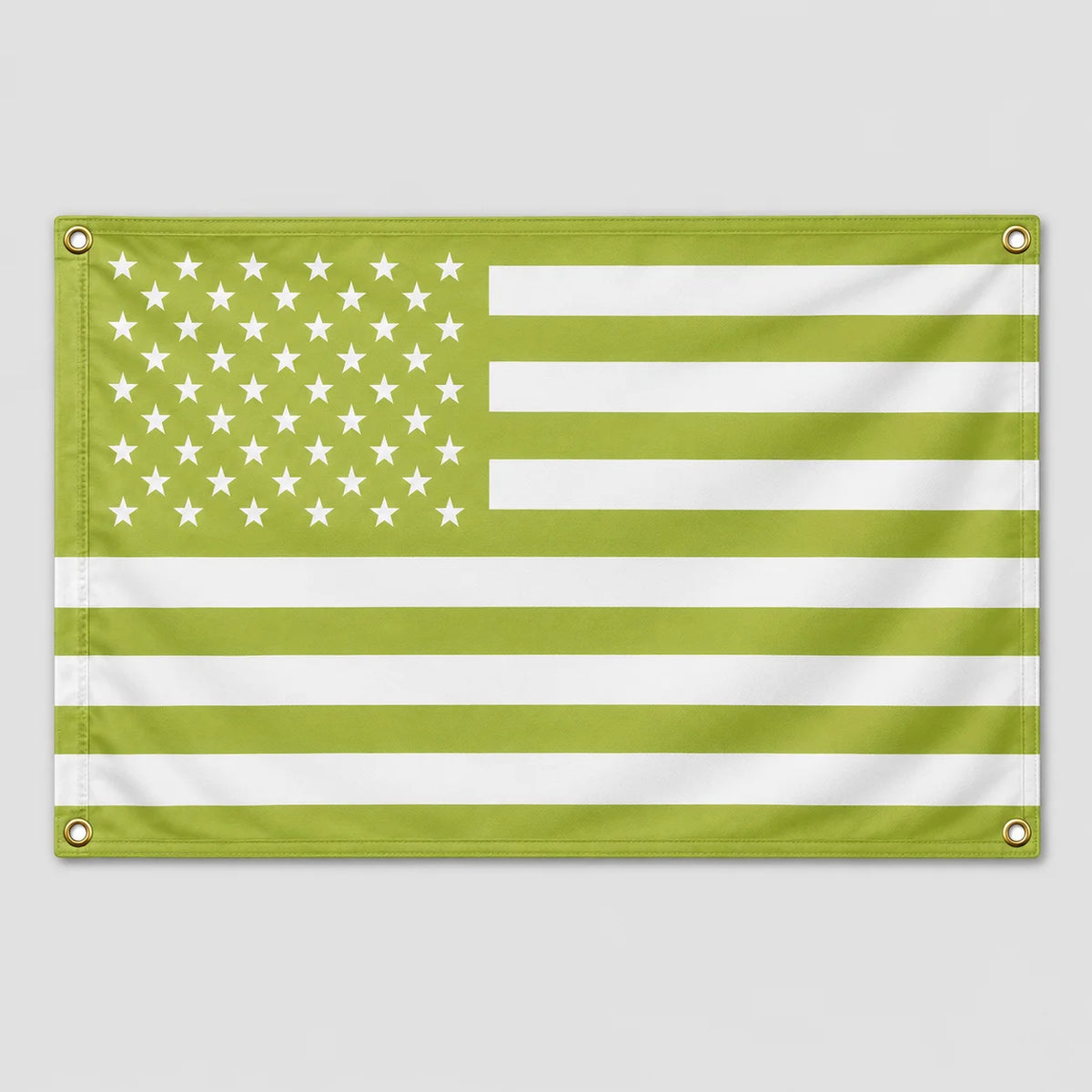A custom photo flag featuring a design with green and white stripes and stars.
