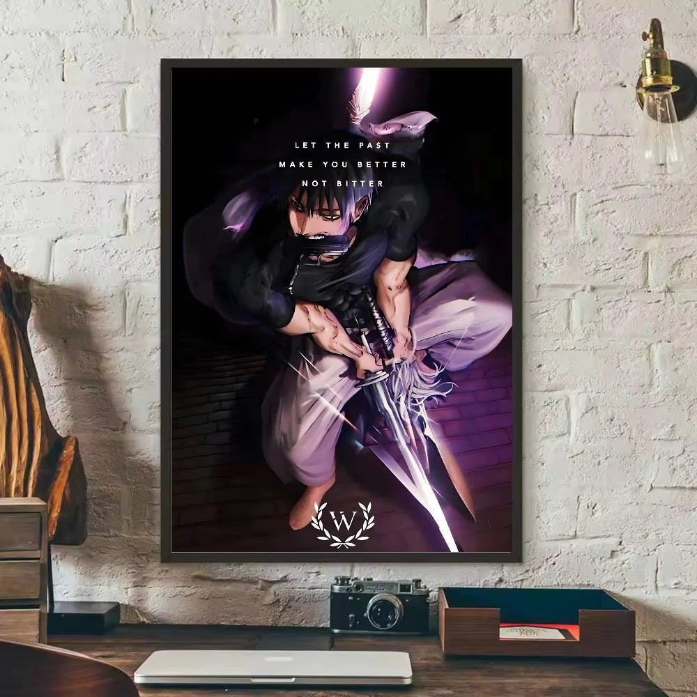 Anime canvas art poster featuring Toji Fushiguro in a dark, dramatic pose with purple lighting.