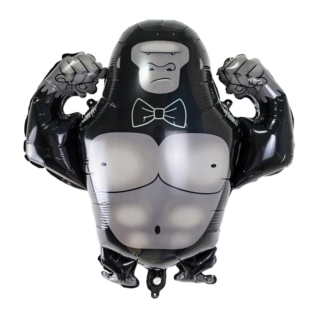 A black inflatable decoration shaped like a gorilla with fists clenched and a bow tie.