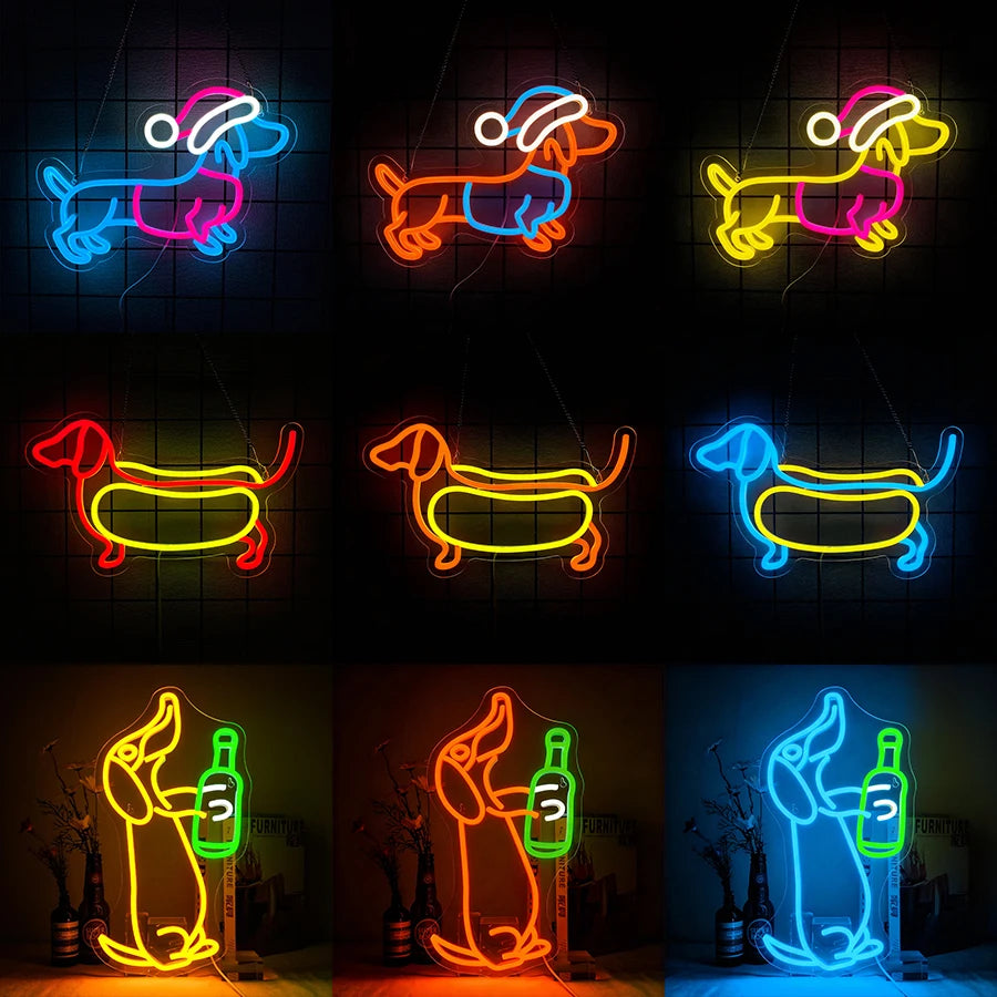 A collection of neon signs featuring a dachshund silhouette in various colors and styles for wall decor.