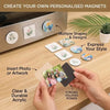 Hands insert photo or artwork into clear acrylic fridge magnets for personalized designs