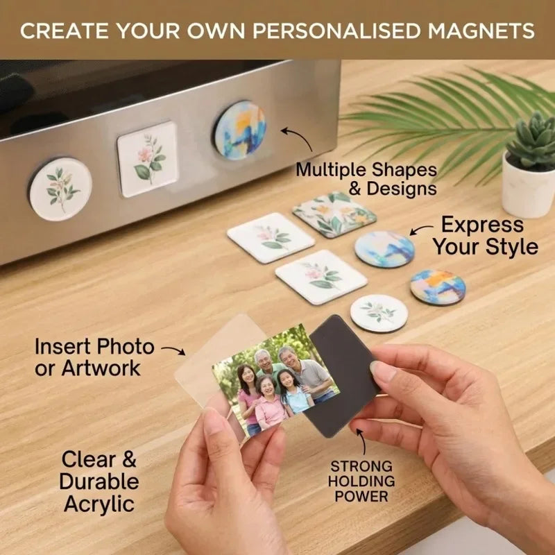 Hands insert photo or artwork into clear acrylic fridge magnets for personalized designs