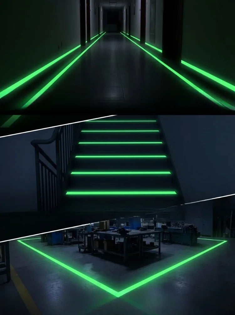 Un long couloir sombre illuminé par du ruban phosphorescent vert sur le sol.