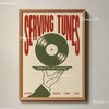 A framed canvas art print featuring a vintage record silhouette and text listing various music genres like Disco, House, Funk