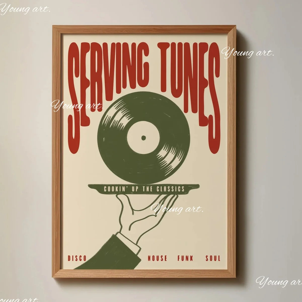 A framed canvas art print featuring a vintage record silhouette and text listing various music genres like Disco, House, Funk