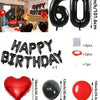 A set of red and black foil number balloons, heart-shaped balloons, and round balloons for birthday decorations.