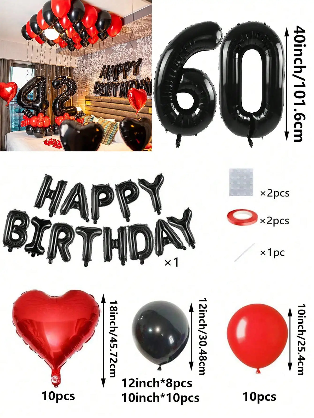 A set of red and black foil number balloons, heart-shaped balloons, and round balloons for birthday decorations.