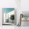 Abstract minimalist architecture canvas wall art featuring modern white structures and green foliage against a light blue sky