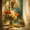 A still life painting of a glass vase filled with red and yellow flowers on a wooden windowsill.