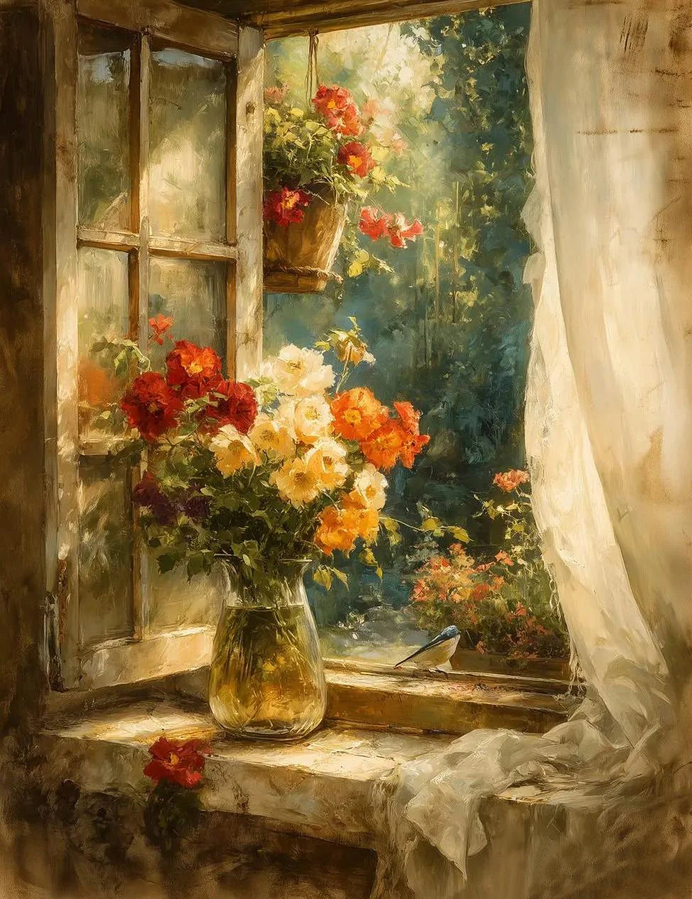 A still life painting of a glass vase filled with red and yellow flowers on a wooden windowsill.
