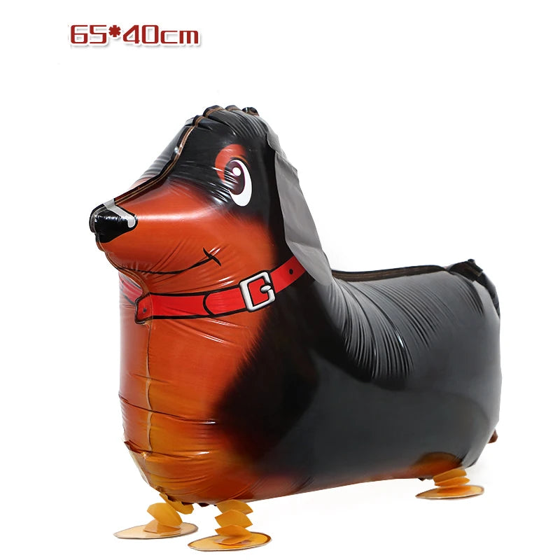 An inflatable cartoon farm animal foil balloon shaped like a brown dog with black and white markings.