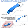 A blue aluminum bottle opener keychain is shown with its dimensions and a close-up of it being held in a hand.