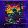 A dark tapestry featuring a hooded figure and a large yellow moon against a purple night sky.