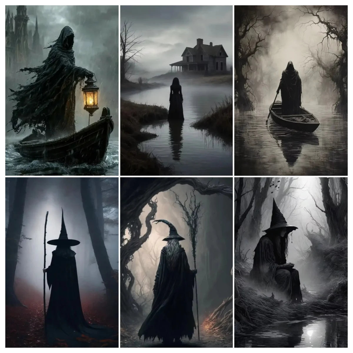 A collection of dark fantasy and gothic scenes featuring witches, misty landscapes, and ominous figures.