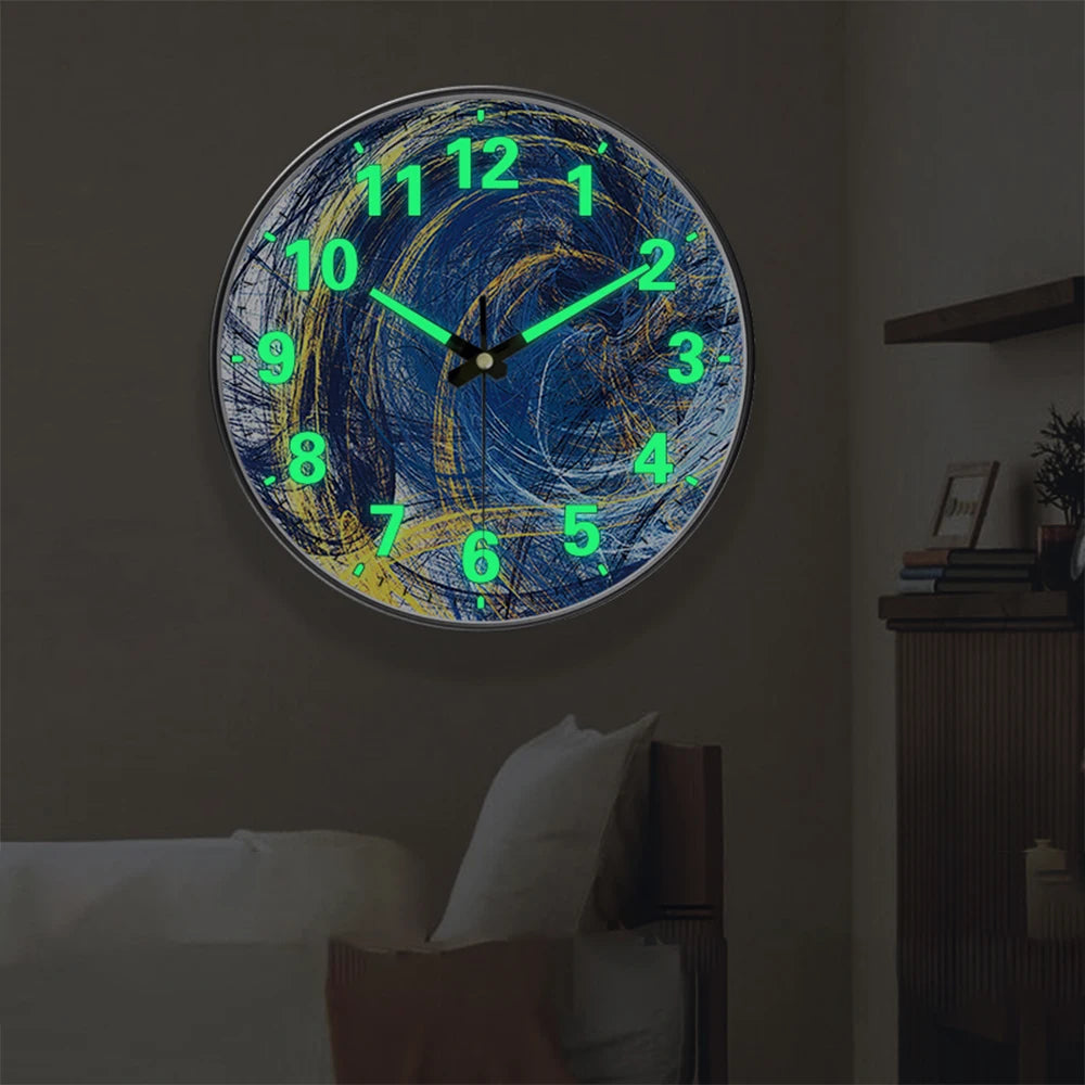A minimalist round wall clock with glowing cyan hands displaying the time.