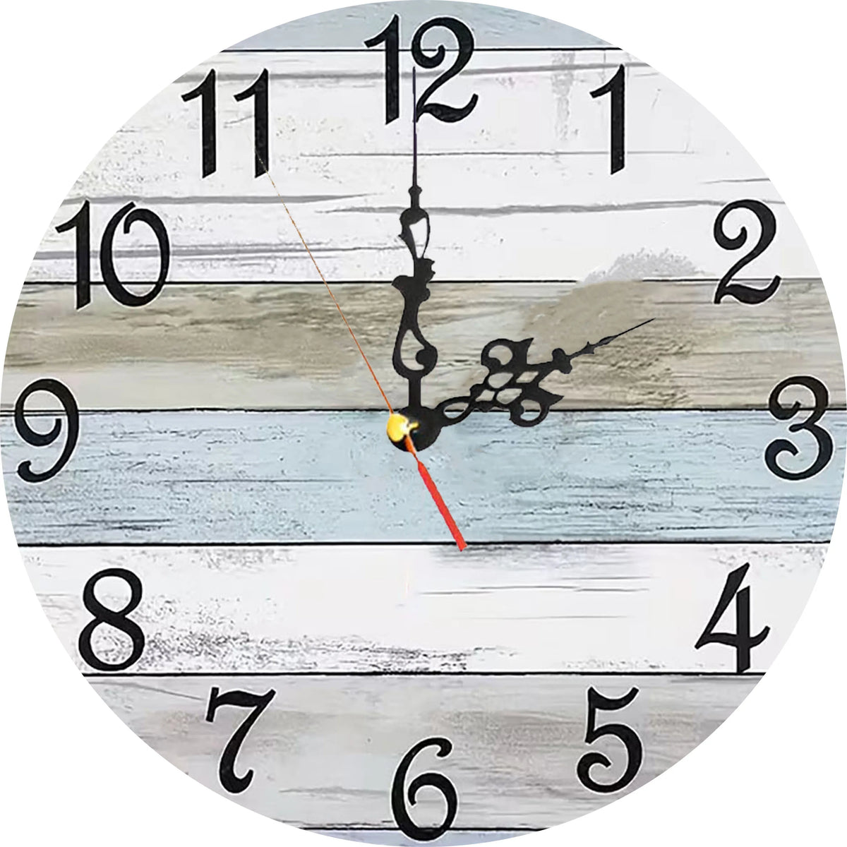 A round wooden wall clock showing the time as approximately 12:30, with a dark pendulum and white face.