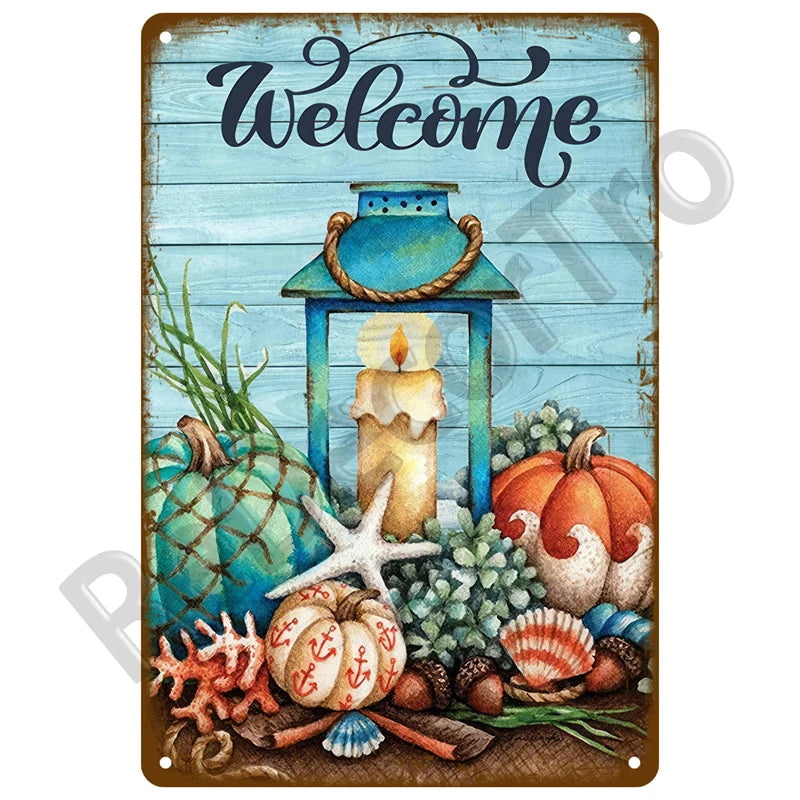 A vintage metal tin sign featuring a welcome message, an orange pumpkin, a starfish, and various autumn-themed natural elemen