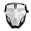 A white and black tactical warden cosplay mask with a prominent central design.